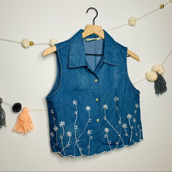VINTAGE y2k embroidered floral denim crop top tank - Picture 6 of 7